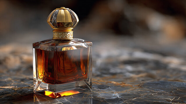 Elegant amber oud perfume bottle with ornate gold cap on marble