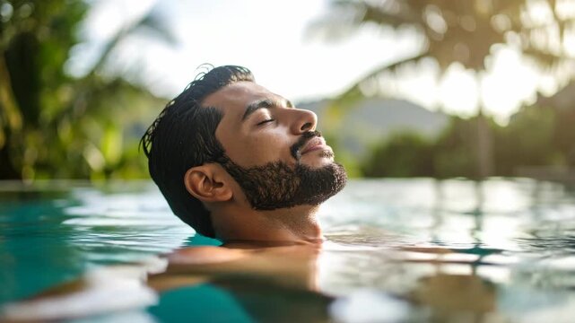 Relaxed bearded man with eyes closed enjoying a swimming pool at a tropical luxury resort during sunset