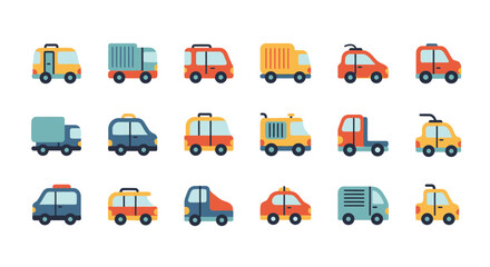 Collection of various types of colorful, flat design vehicles, including trucks, vans, and cars, suitable for transportation and travel themes © yea1