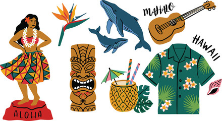 A vibrant collection of traditional Hawaiian cultural and travel elements captures the aloha spirit © sehrish