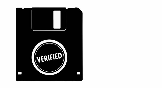 Retro floppy disk with a "Verified" stamp, symbolizing data security and old technology.