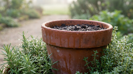 Fresh spring morning dew glistens on plants in a tranquil garden scene