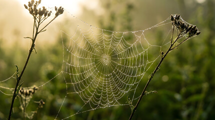 Spring Garden Morning Dew Sparkles on Delicate Spiderweb Amidst Lush Greenery