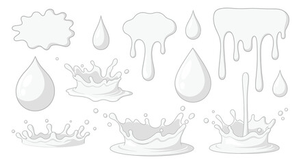 A collection of stylized liquid splashes and drips presented in a monochromatic gray palette a striking silhouette high quality professional detailed © mrvect02