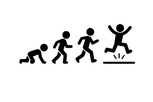 Silhouette figures progressing from crawl to jump representing growth and success stages