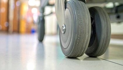 Fototapeta premium Hospital stretcher wheels close up on clean medical floor indoor emergency room equipment