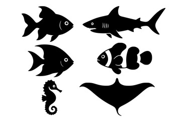 Obraz premium Set of black and white sea animals vector icons isolated on white background