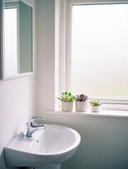 Fototapeta premium Modern bathroom sink with succulents on windowsill and mirror