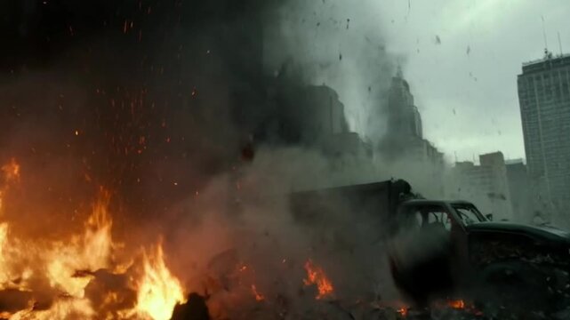 An air attack on city with explosions fireballs smoke and collapsing buildings in chaotic night scene. AI