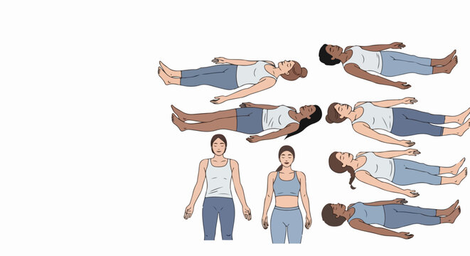 Diverse person lying supine in various relaxed poses for medical illustration or educational infographic. This person lying supine shows different skin tones and body positions,