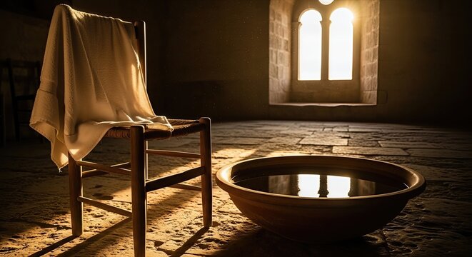 Maundy Thursday, solemn feet washing ritual, symbolic act of humility, Jesus Christ's servant leadership, sacred spiritual tradition, ancient room, holy reflection, spiritual devotion