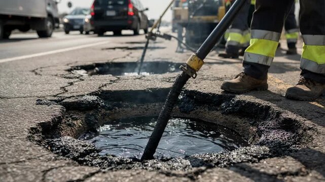 Closeup medium shot of a crew filling potholes with hot sealant on a busy roadway focusing on the precise application for road safety and longevity.