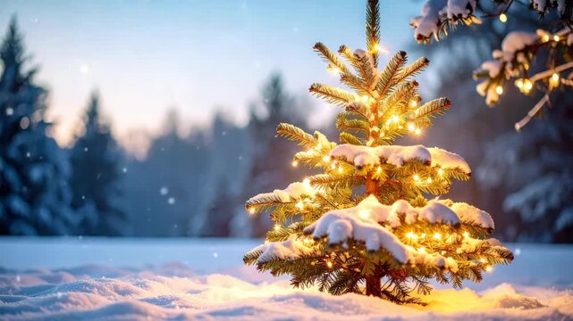 Beautiful small evergreen tree decorated with golden lights in a snowy winter landscape during a quiet evening snowfall