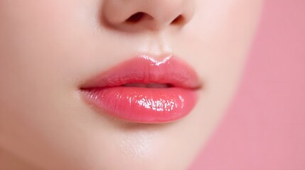 Naklejka premium Ultra ro photography capturing the intricate details of a female s mouth featuring perfect porcelain skin vibrant gradient lip color and natural gloss highlighting a gentle