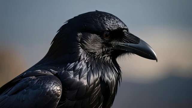 Detailed profile portrait of a majestic black raven with glossy feathers and sharp beak against a blurred natural background