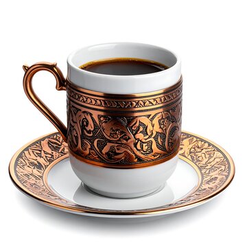 Turkish coffee in a white cup with ornamental copper holder and saucer, isolated on white background
