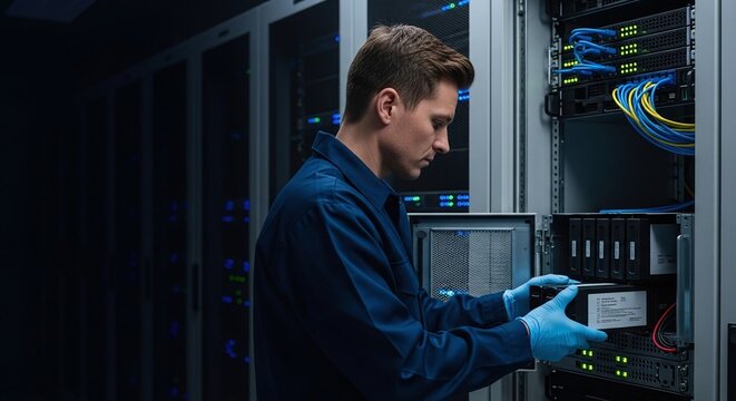 IT Engineer Replacing UPS Battery Module in a Server with Copy Space