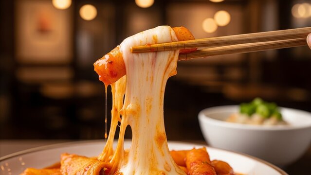 Chopsticks lifting stretchy melted cheese noodles from Korean tteokbokki dish with steam rising in cozy restaurant setting