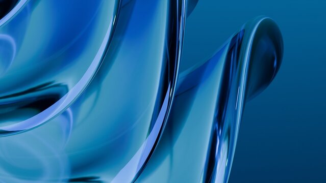 Abstract wavy curved 3d render. Blue soft glass curved circles and lines. Modern wallpaper, texture pattern.
