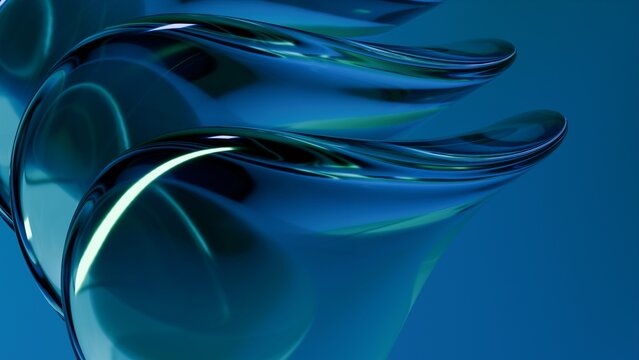 Abstract wavy curved 3d render. Blue soft glass curved circles and lines. Modern wallpaper, texture pattern.