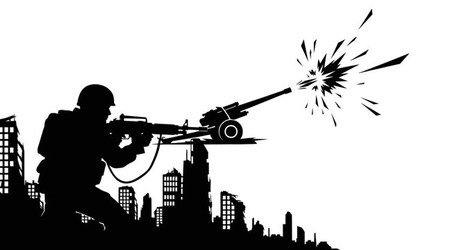 Silhouette Soldier Firing Machine Gun in Destroyed Cityscape
