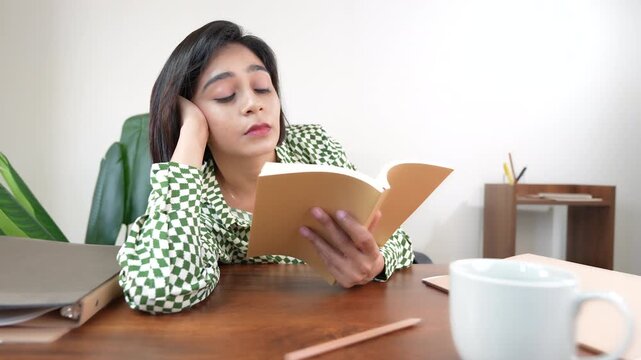 Close up of tired sleepy young Asian woman or student girl sits on chair at desk hold book reading studying feels exhaustion tiredness.