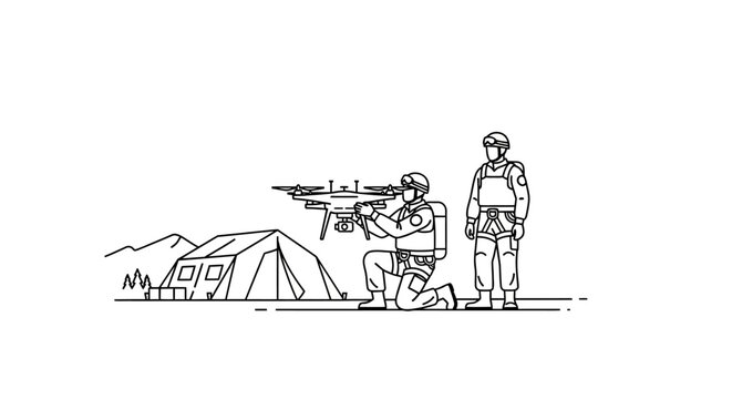 Soldier operating drone near tent, military surveillance, tactical technology, reconnaissance mission