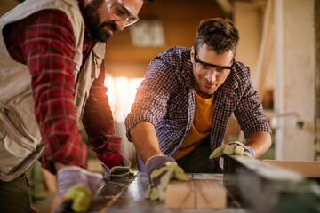 Two carpenters cutting wood on table saw in workshop