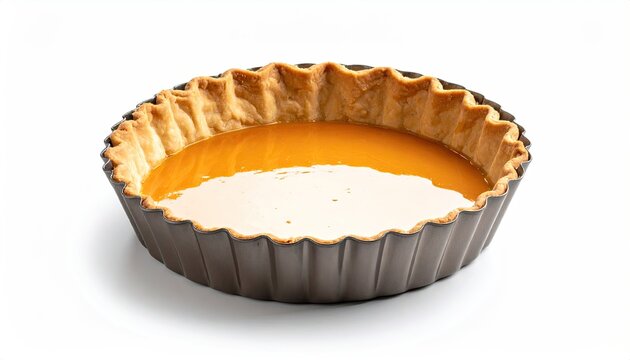 Close-up of a filled pie in a fluted tin, warm orange filling, white backdrop