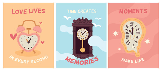 Fototapeta premium Vintage clocks cards. Retro mechanical watches, roman numerals on dial, wooden carved wall clock case with pendulum, modern retro graphic posters or print garish vector cartoon isolated set