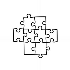Hand drawn black and white puzzle piece line art isolated on white background minimal design
