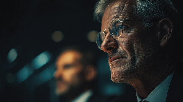 Business leader serious contemplation meeting corporate glasses male senior focused executive man professional office
