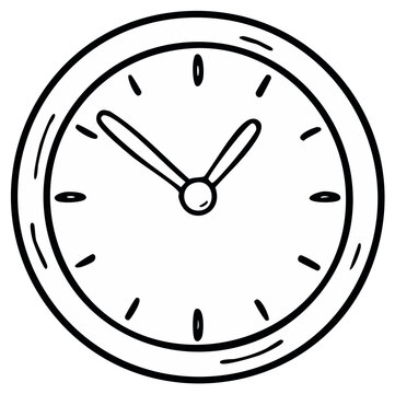Hand-drawn clock showing approximate time, simple black and white line drawing with hour and minute hands