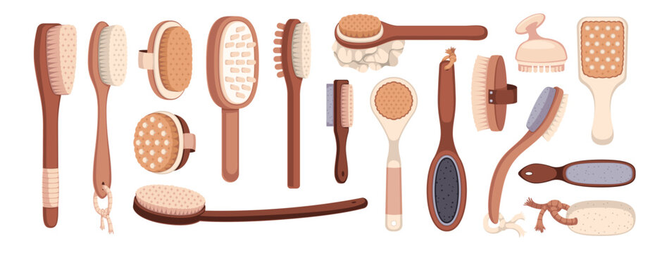 Body scrub brushes. Dry or oil massage wooden accessories, anti cellulite treatment, skin care routine devices, exfoliation process and polishing, assorted tools tidy vector cartoon flat set