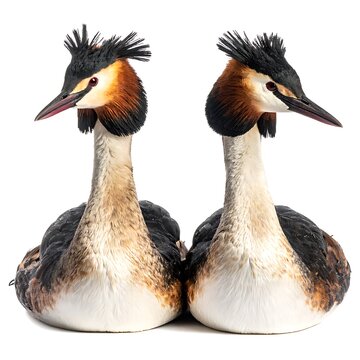 Two grebes pose, their plumage blending earth tones with crisp whites, accented by dramatic black crests, on a white background