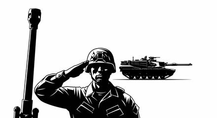 Soldier Saluting Beside Tank and Artillery Cannon