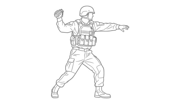 Soldier throwing a grenade, military action, combat readiness, tactical gear, army uniform, weapon