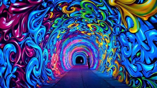 Colorful graffiti tunnel with people
