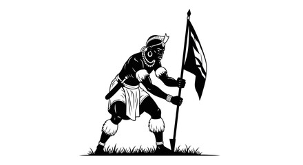 Warrior holding flag, tribal man with sword, ancient warrior, historical illustration, black and white