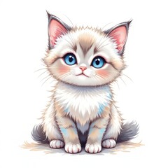 Pastel Kitten Clip Art: Blue-Eyed Ragdoll Baby with Brushstroke Effect, Isolated on White, Spring Theme, Soft Colors, Cute, Illustration