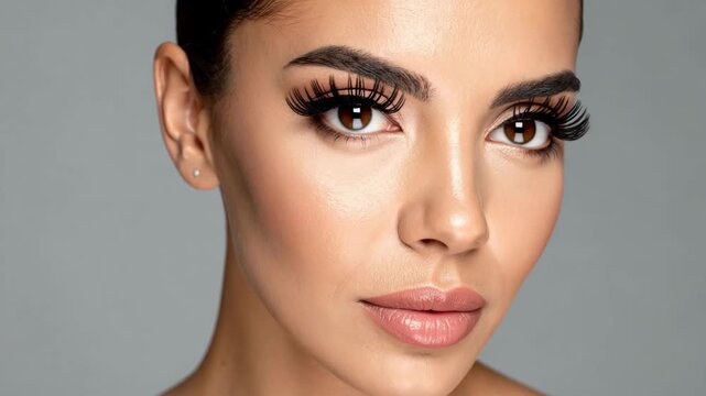 Close up portrait of a beautiful woman with long false eyelashes and perfect makeup on a gray background