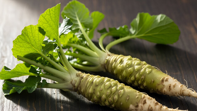 Fresh wasabi roots with green leaves