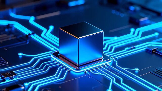 Blue glowing circuit board with central cube