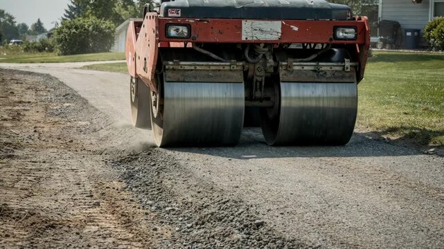 Compact double drum roller efficiently flattens newly laid driveway material ensuring even compaction and longlasting road quality.