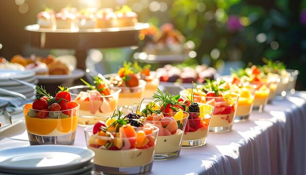 Outdoor buffet with desserts in cups, plates, sunshine, and floral backdrop