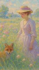 Fototapeta premium Pastoral scene with woman and fox.