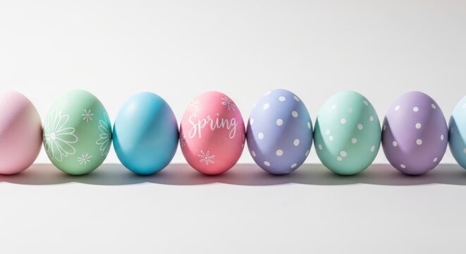 Colorful Easter eggs decorated with spring themes on white background  