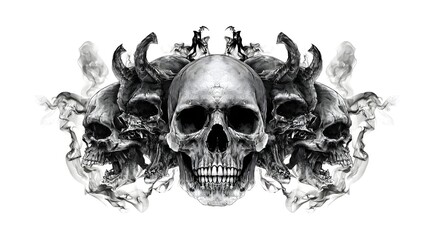 Obraz premium Hyper dark fantasy tattoo design concept showcasing a detailed skull and bones central element encircled by multiple demonic visages and swirling smoke in stark black and white ink