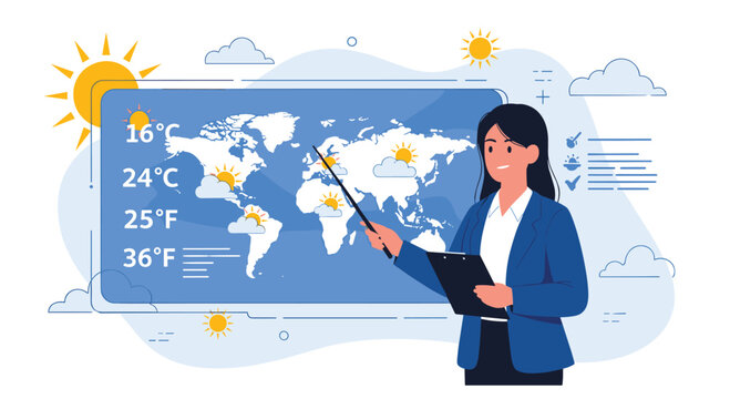 Professional female news presenter points to a world map showing weather forecasts and sun icons during a television broadcast report.