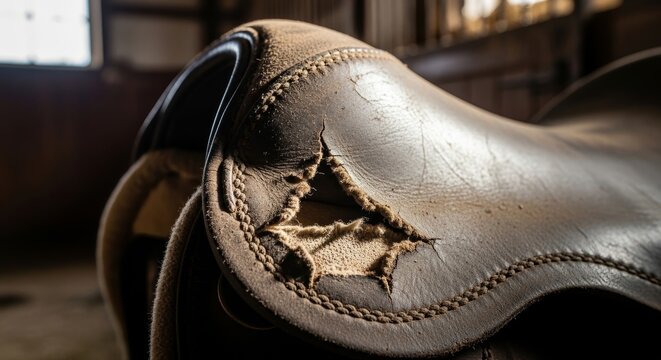 Close-up of a worn leather horse saddle with stitching